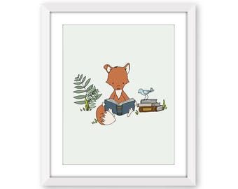 Woodland Nursery Art Print - Get Lost in a Book - Fox Reads A Book Art - Boy Fox Illustration - Woodland Animal Art