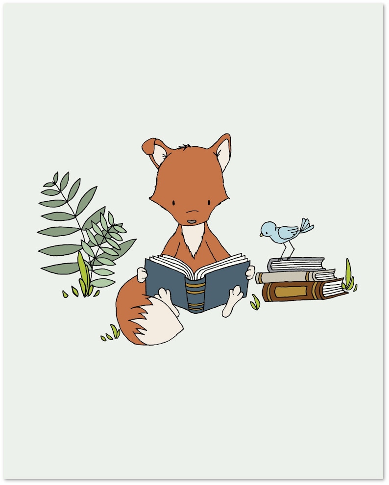 Woodland Nursery Art Print Get Lost in a Book Fox Reads A Book Art Boy Fox Illustration Woodland Animal Art image 2