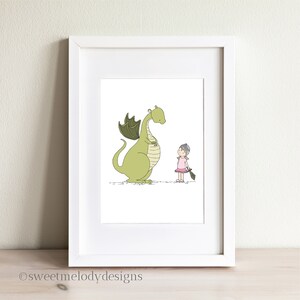 Girl and Dragon Art, Girl Meets Dragon Nursery Art Print, Kids Adventure Room Wall Decor image 4