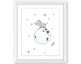 Elephant Moon Nursery Art Print - Elephant Nursery Decor - Elephant Moon Walk - Safari Nursery Decor - Elephant Baby Room - Moon Nursery Art