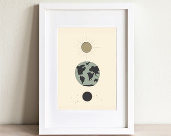 Boho Sun Moon and Earth Art - Boho Elements Art Print - Sun Moon and Stars - Eclectic Home Decor
