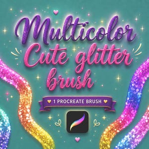 Op de afbeelding: Een digitale afbeelding met de tekst "Multicolor Cute glitter brush" in paars en roze cursief schrift. Daaronder staat een paarse banner met "1 PROCREATE BRUSH" en een Procreate-app-icoon. Golvende, glinsterende regenbooglinten omlijsten de tekst.