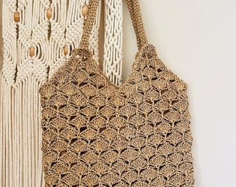 Crochet Straw Tote Bag for Summer, Beige Lightweight Beach Shoulder Bag, Crochet Raffia Shoulder Bag, Handcrafted Stylish Tote Bag