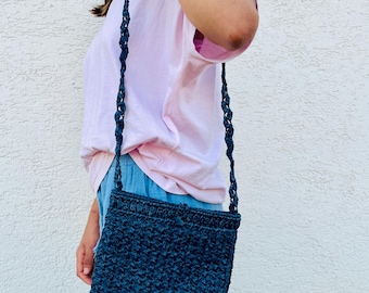 Crochet Raffia Handbag, Summer Shoulder Bag, Raffia Bag in Ocean, Minimal Straw Bag