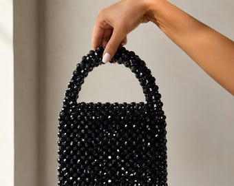 Bolso negro con cuentas hecho a mano, bolso de mano para fiesta de noche, bolso de perlas para novia, bolso de novia único, bolso de mano con perlas