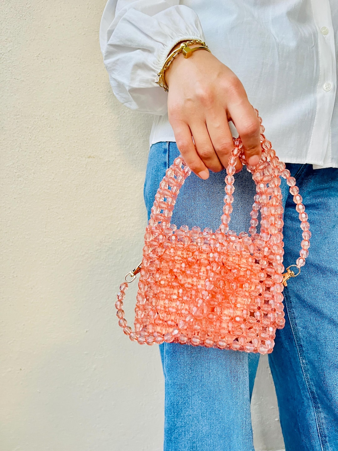 Handmade Pink Acrylic Beaded Bag, Party Clutch With Removable