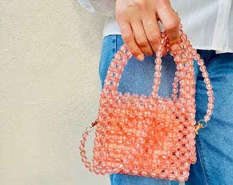 Handmade Pink Acrylic Beaded Bag, Party Clutch with Removable Chain