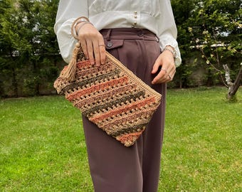 Clutch de crochet de rafia hecho a mano, bolso tejido bohemio, bolso de paja multicolor, clutch de playa de verano