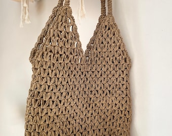 Crochet Straw Tote Bag for Summer, Beige & Blue Lightweight Beach Shoulder Bag, Crochet Raffia Shoulder Bag, Handcrafted Stylish Tote Bag,