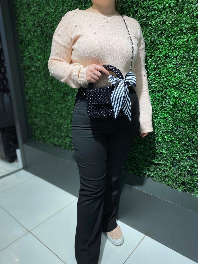 Bolso negro con cuentas hecho a mano, bolso de mano para fiesta de noche, bolso de perlas para novia, bolso de novia único, bolso de mano con perlas imagen 9