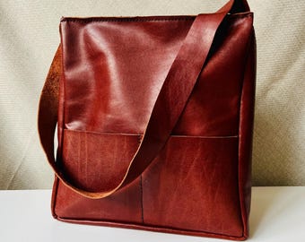 Handmade Genuine Leather Tote Bag, Red Shoulder Bag, Zipper Closure