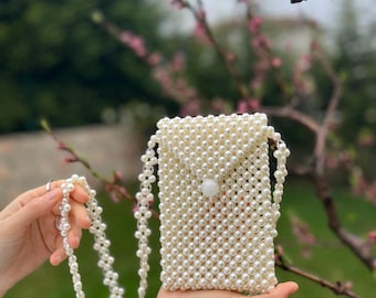 Handmade Pearl Beaded Shoulder Bag, Vintage Style Bridal Purse, Elegant Bead Shoulder Bag, Handmade Statement Purse, Gift for Her