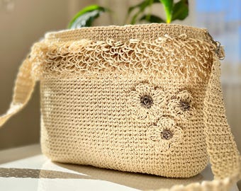 Handmade Paper Yarn Bag, Large Crochet Tote Bag, Christmas Gift,Boho Style Crossbody, Handmade Wicker Bag With, Crochet Raffia Tote Bag