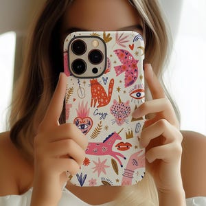 Boho Animal Collage Phone Case, Abstract Eye Heart Cat Unicorn iPhone 16 15 14 13 12 11 Pro Max Plus Magsafe Google Samsung Galaxy S25 S24