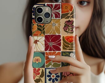 Vintage Floral Tile Phone Case: Retro Botanical Patchwork Mosaic Garden iPhone 17 16 15 14 13 Pro Max Plus Air Magsafe Google Samsung Galaxy