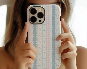 Floral Lace Phone Case: Coquette Bow Pink Gingham Soft Pastel iPhone 17 16 15 13 12 11 X Pro Max Plus Air MagSafe Google Samsung Galaxy S25