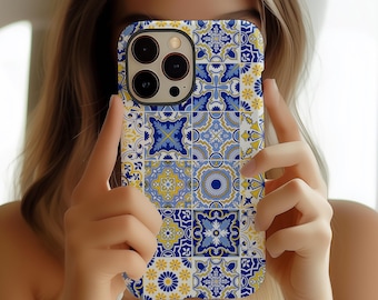 Vintage Blue Tile Phone Case: Retro Floral Mosaic Ceramic Tile iPhone 17 16 15 14 13 12 Pro Max Plus Air MagSafe Google Samsung Galaxy S25