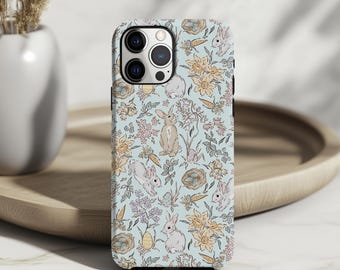 Bunny Floral Phone Case: Soft Blue Spring Easter Rabbit Cottagecore Toile Daffodil Egg iPhone Cover MagSafe Google Pixel Samsung Galaxy