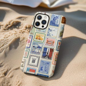 May include: A phone case featuring a collage of vintage postage stamps. The stamps showcase various destinations, including London, Italy, and Greece, with a cream-colored background. The case has a black border and a camera cutout.