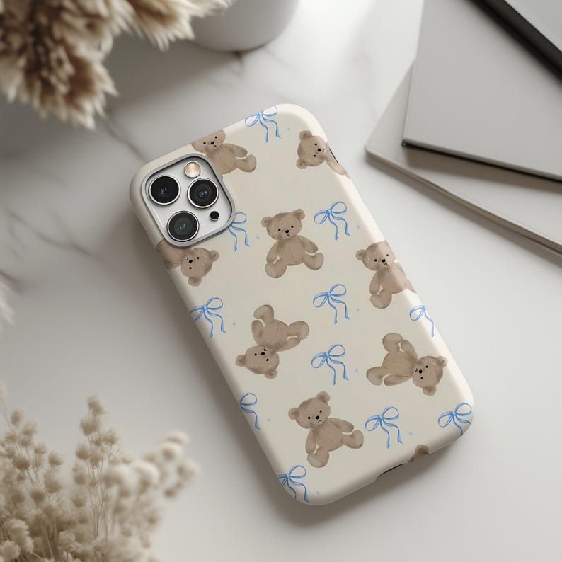 Coquette Teddy Bear Phone Case: Soft Pastel Blue Bow Cottagecore iPhone 17 16 15 14 13 12 11 Pro Max Plus Air MagSafe Google Samsung Galaxy image 4