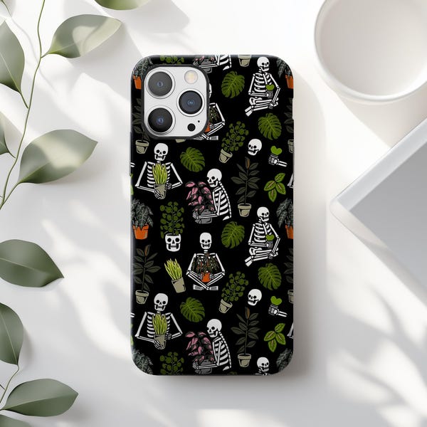 Skeleton Botanical Phone Case: Black Skull Potted Plants Whimsical Garden iPhone Cover MagSafe Google Pixel Samsung Galaxy