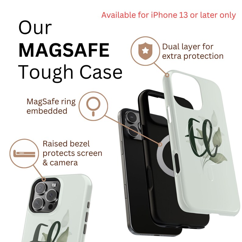 May include: White and black MagSafe tough phone case with a floral design and the letter "El". The case has a dual layer for extra protection, a raised bezel to protect the screen and camera, and a MagSafe ring embedded. Available for iPhone 13 or later.