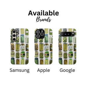 Może przedstawiać: Etui na telefony z wzorem słoik&oacute;w z og&oacute;rkami. Etui są dostępne dla telefon&oacute;w Samsung, Apple i Google. Tekst "Available Brands" znajduje się na g&oacute;rze obrazu, z nazwami marek poniżej.