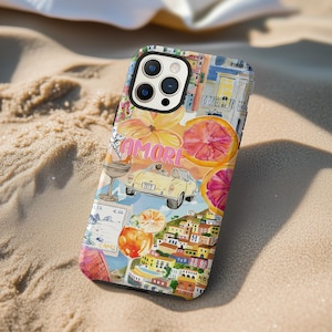 Mediterranean Travel Collage Phone Case, Vintage Italian Coastal Stamp Citrus iPhone 16 15 14 13 Pro Max Plus Magsafe Google Samsung Galaxy