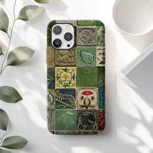 May include: A phone case with a colorful tile pattern featuring flowers, insects, and geometric designs. The case is made of a durable material and has a protective layer to prevent scratches.