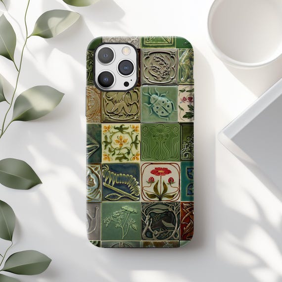 Vintage Botanical Beetle Phone Case: Floral Mosaic Ceramic Tile iPhone 17 16 15 14 13 12 Pro Max Plus Air Magsafe Google Samsung Galaxy S25