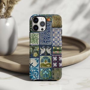May include: A phone case with a colorful patchwork design featuring blue, green, and white tiles. The tiles have various patterns, including flowers, birds, and geometric shapes.
