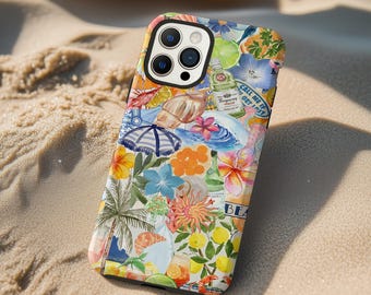 May include: A colorful phone case featuring a collage of beach-themed illustrations. The design includes flowers, seashells, a cocktail bottle, and the text "BEACH". The case is set against a sandy background.