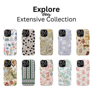 May include: A collection of ten phone cases with various designs, including floral patterns, illustrations, and geometric shapes. The cases are in different colors, such as white, black, green, and pink. The text "Explore Our Extensive Collection" is displayed at the top.