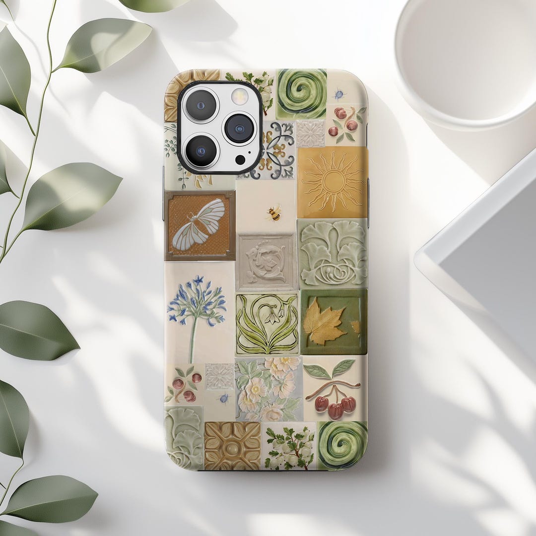 Tile Phone Case Botanical Tile PRINT Phone Case: Floral Butterfly Leaf Garden iPhone 17 ...