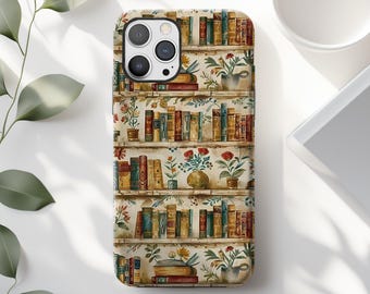 Vintage Floral Bookshelf Phone Case: Cozy Plant Bookworm iPhone 17 16 15 14 13 12 11 X 8 Pro Max Plus Air MagSafe Google Samsung Galaxy S25