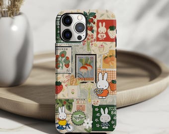 Vintage Japanese Collage Phone Case: Kawaii Retro Stamp Cute Fruit Bunny iPhone 17 16 15 13 X Pro Max Plus Air MagSafe Google Samsung Galaxy