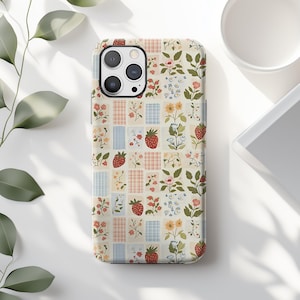 Strawberry Patchwork Phone Case: Gingham Floral Cottagecore iPhone Cover MagSafe Google Pixel Samsung Galaxy