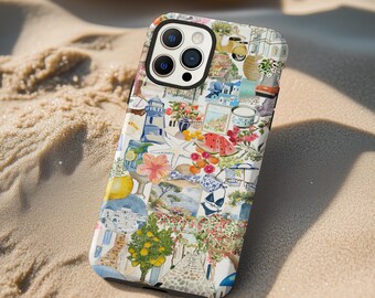 Coastal Fruit Collage Phone Case: Greek Island Floral Beach iPhone 17 16 15 14 13 12 11 X 8 Pro Max Plus Air MagSafe Google Samsung Galaxy