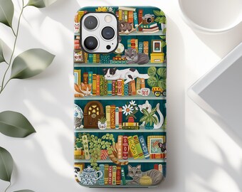 Cat Bookshelf Phone Case: Teal Cozy Potted Plant Book Lover iPhone Cover MagSafe Google Pixel Samsung Galaxy