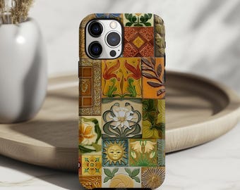 Vintage Floral Sun PRINT Phone Case: Boho Mosaic Ceramic Tile iPhone 17 16 15 14 13 12 11 X 8 Pro Max Plus Magsafe Google Samsung Galaxy S25