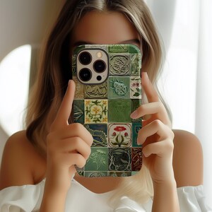 Vintage Botanical Beetle Phone Case: Floral Mosaic Ceramic Tile iPhone 17 16 15 14 13 12 Pro Max Plus Air Magsafe Google Samsung Galaxy S25 image 2