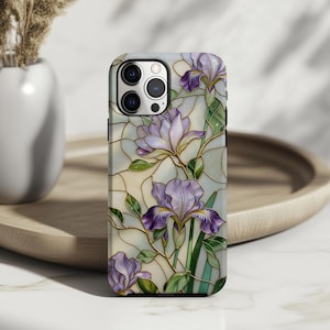 Stained Glass Iris PRINT Phone Case: Purple Flowers Green Leaves Elegant Artistic Floral iPhone Cover MagSafe Google Pixel Samsung Galaxy