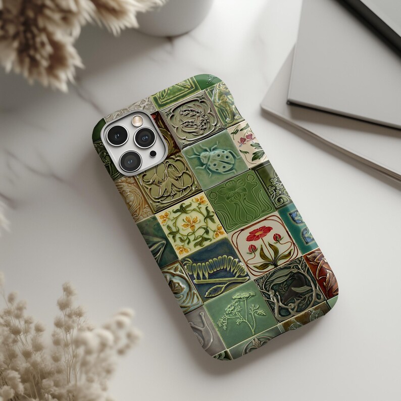 Vintage Botanical Beetle Phone Case: Floral Mosaic Ceramic Tile iPhone 17 16 15 14 13 12 Pro Max Plus Air Magsafe Google Samsung Galaxy S25 image 4
