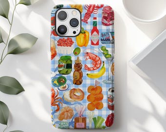 Blue Checkered Foodie Collage Phone Case: Retro Fruit Seafood iPhone Cover MagSafe Google Pixel Samsung Galaxy