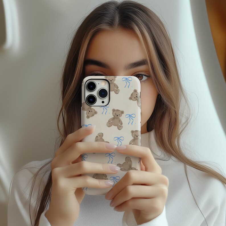 Coquette Teddy Bear Phone Case: Soft Pastel Blue Bow Cottagecore iPhone 17 16 15 14 13 12 11 Pro Max Plus Air MagSafe Google Samsung Galaxy image 2