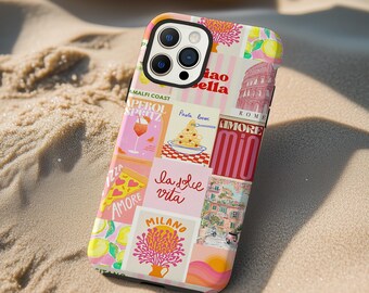 Italy Poster Collage Phone Case, La Dolce Vita Pasta Amore Pink Italian Travel Gift iPhone Cover MagSafe Google Pixel Samsung Galaxy