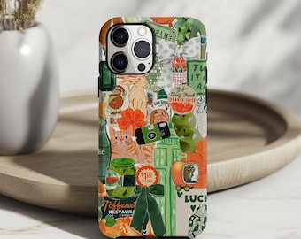 May include: A phone case with a collage design featuring a cat, orange slices, a camera, and text that reads "Tasty Fresh Orange Juice" and "Toffene Restaurant". The case has a green, orange, and white color scheme.