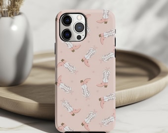 Pink Cowgirl Boots Phone Case: Western Bow Star Pattern Rodeo iPhone 17 16 15 14 13 12 11 X 8 Pro Max Plus Air MagSafe Google Samsung Galaxy