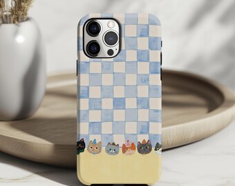 Cute Cat Checkerboard Phone Case, Blue Gingham Kitten Kawaii Cat Lover Gift iPhone Cover MagSafe Google Pixel Samsung Galaxy