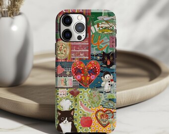 Vintage Animal Collage Phone Case: Retro Black Cat Fish Heart iPhone 17 16 15 14 13 12 11 X 8 Pro Max Plus Air MagSafe Google Samsung Galaxy